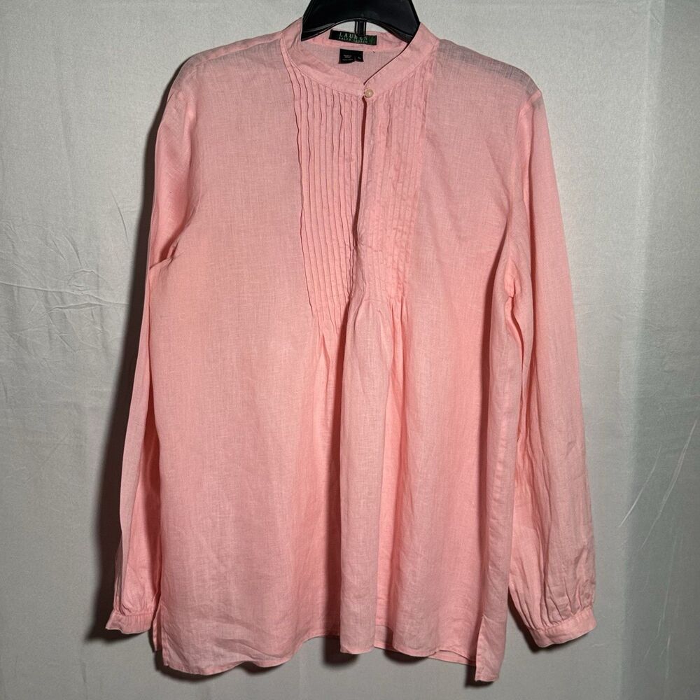 Ralph Lauren 100% Linen Pink Pintuck Tunic Blouse XL Long Sleeve Mandarin Top
